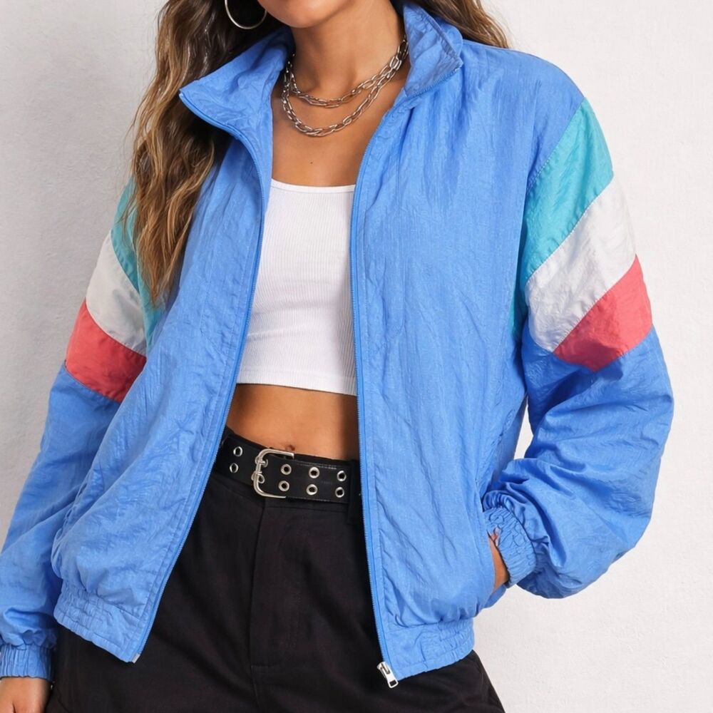 Bold Spirit Retro Colorblock Windbreaker Blue Nylon Track Jacket Small 80s 90s